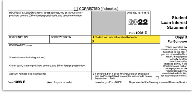 Image of a blank 2022 1098-E Form. Box 1 is highlighted to show where your student loan interest received by lender amount will be found.