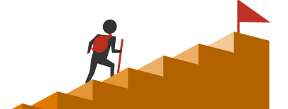 A traveller climbs stairs toward a successful repayment flag at the top.