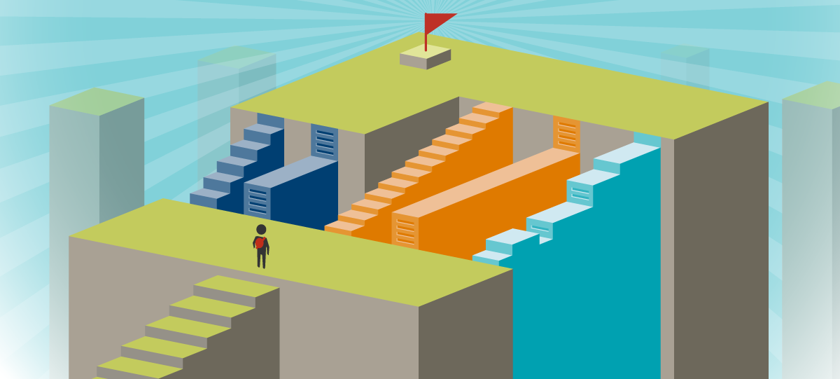 Symbolic drawing of a person looking ahead to his destination, marked by a flag at the top of a building, with several different paths in between. Each path is unique, with different colors, steps, and slopes.