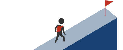 A traveller walks along a level path toward a successful repayment flag.