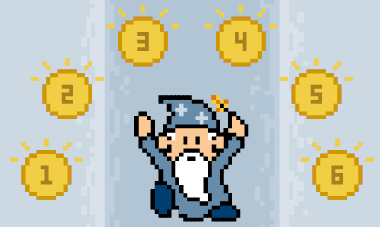 Videogame-style representation of a wizard waving his wand, with the numbers 1, 2, 3, 4, 5, and 6 circling over him